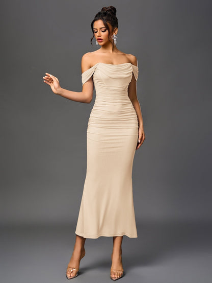 Vestido Largo Mujer Drapeado Hombros Descubiertos