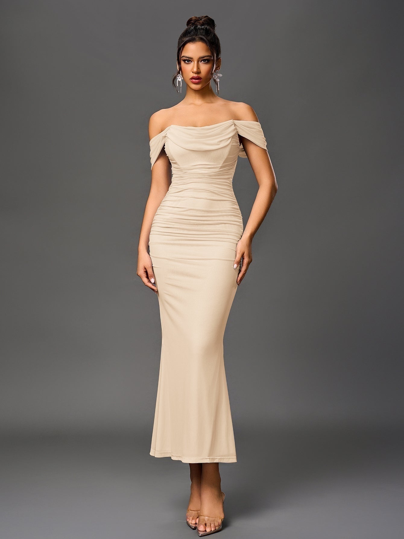 Vestido Largo Mujer Drapeado Hombros Descubiertos