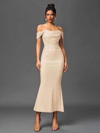 Vestido Largo Mujer Drapeado Hombros Descubiertos