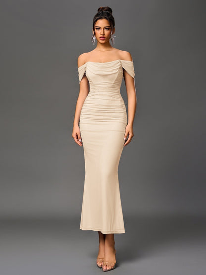 Vestido Largo Mujer Drapeado Hombros Descubiertos