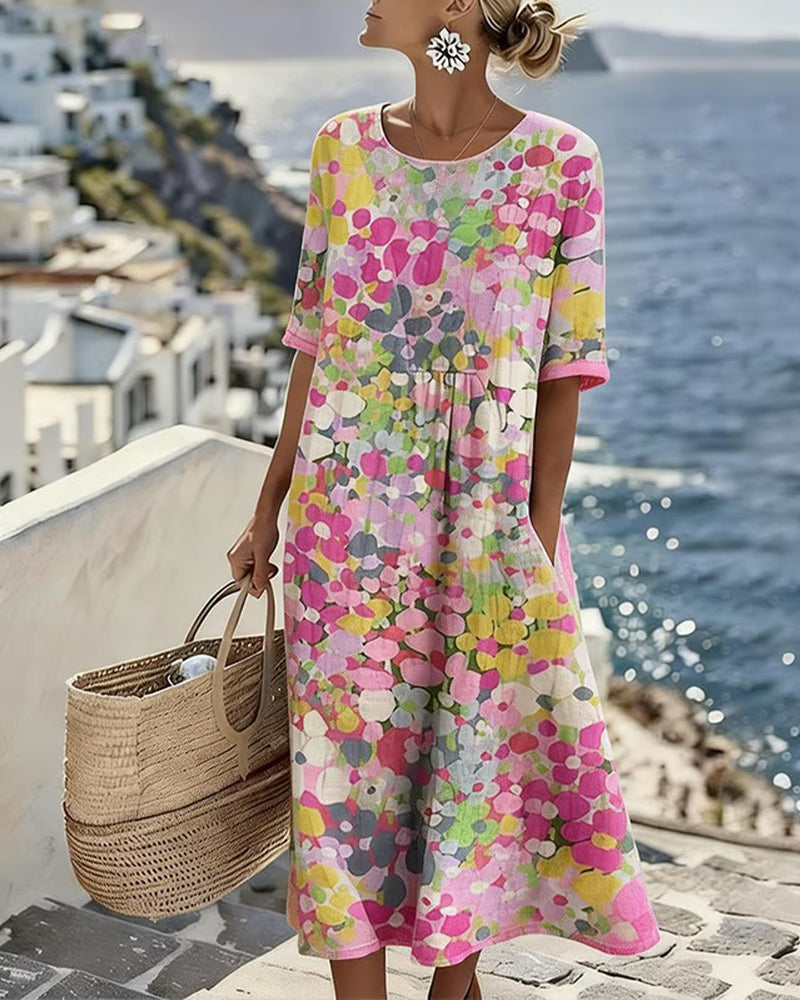 Vestido midi mujer algodón lino estampado bolsillos verano - Mavetta