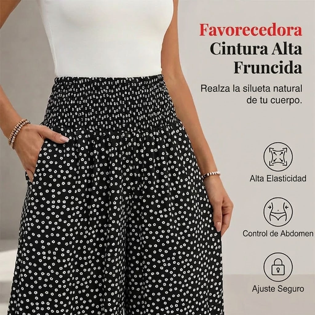 Pantalón Mujer Fluido Estampado Lunares Volante