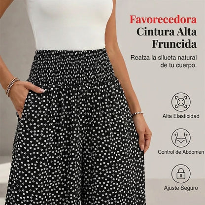 Pantalón Mujer Fluido Estampado Lunares Volante