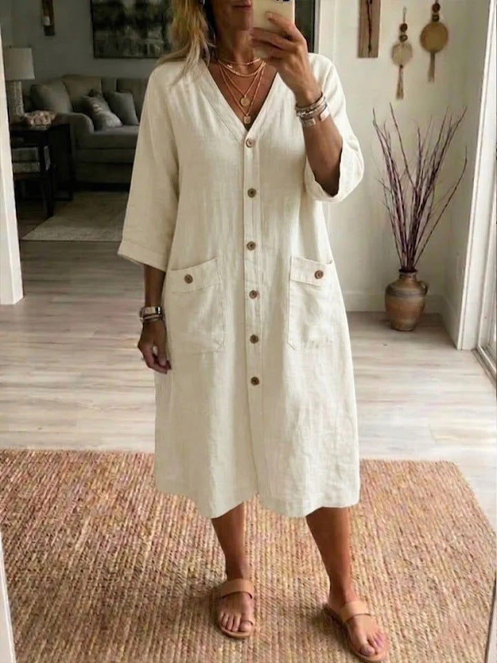 Vestido midi mujer Algodón lino con botones estilo casual