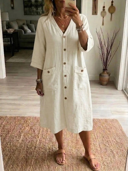 Vestido midi mujer Algodón lino con botones estilo casual