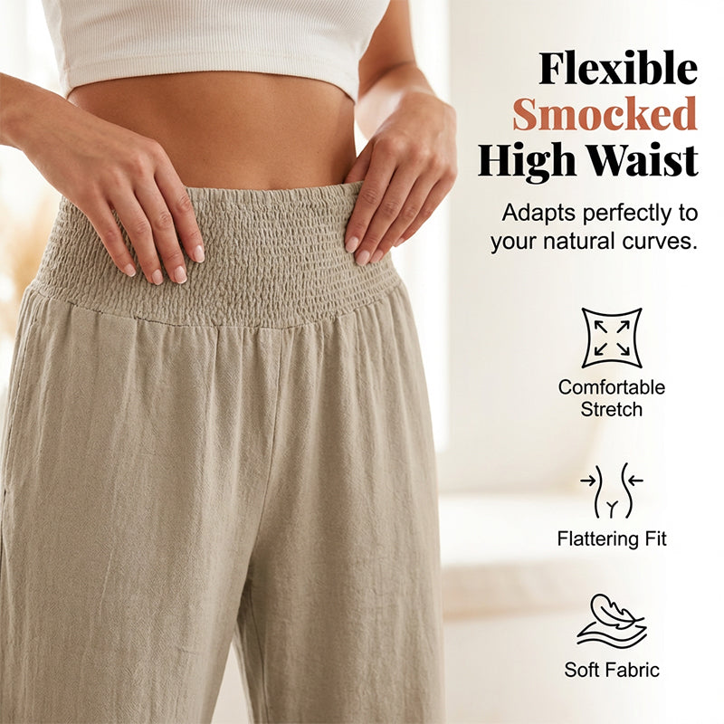 Pantalón mujer algodón y lino ancho tiro alto volante boho