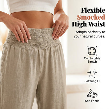 Pantalón mujer algodón y lino ancho tiro alto volante boho