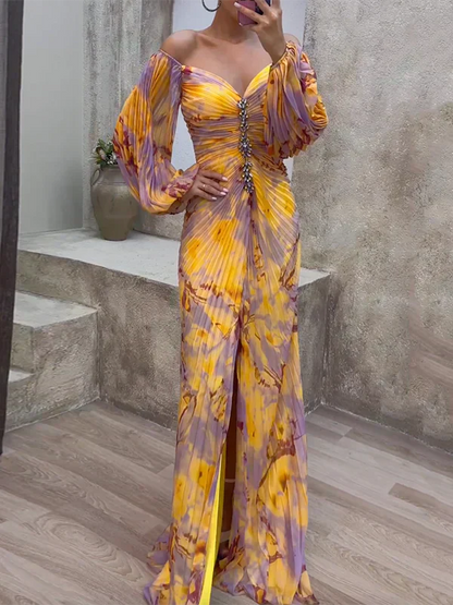 Vestido largo mujer con mangas abullonadas y escote en V - Mavetta