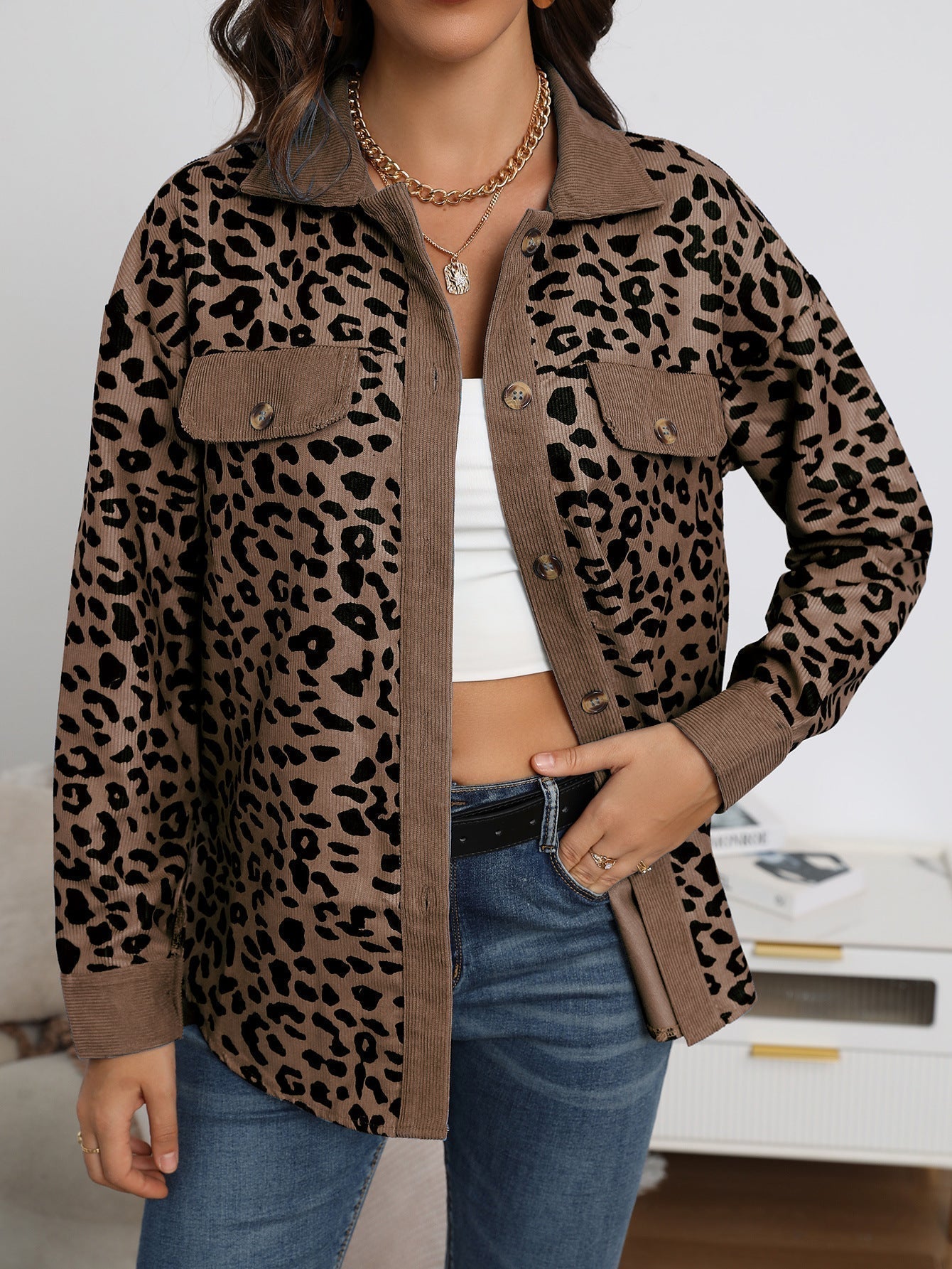 Abrigo Mujer Estampado Animal Corte Recto