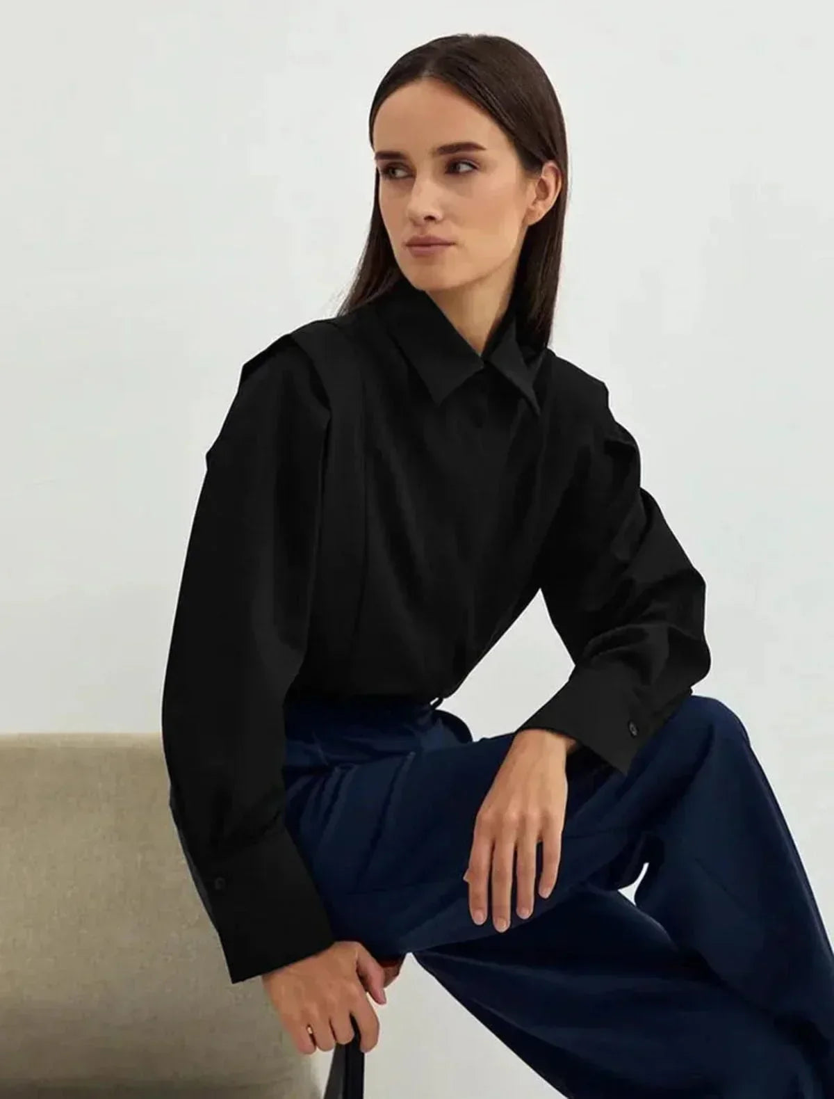 Blusa Mujer Manga Larga Cuello Solapa Puños Ajustables