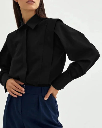 Blusa Mujer Manga Larga Cuello Solapa Puños Ajustables