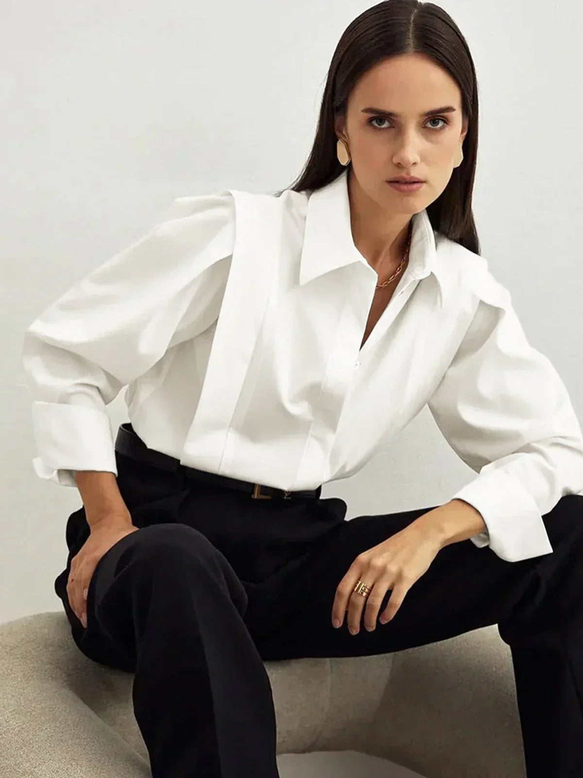 Blusa Mujer Manga Larga Cuello Solapa Puños Ajustables