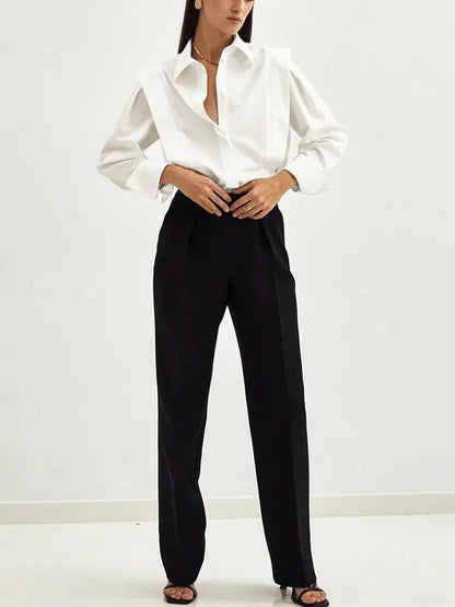 Blusa Mujer Manga Larga Cuello Solapa Puños Ajustables