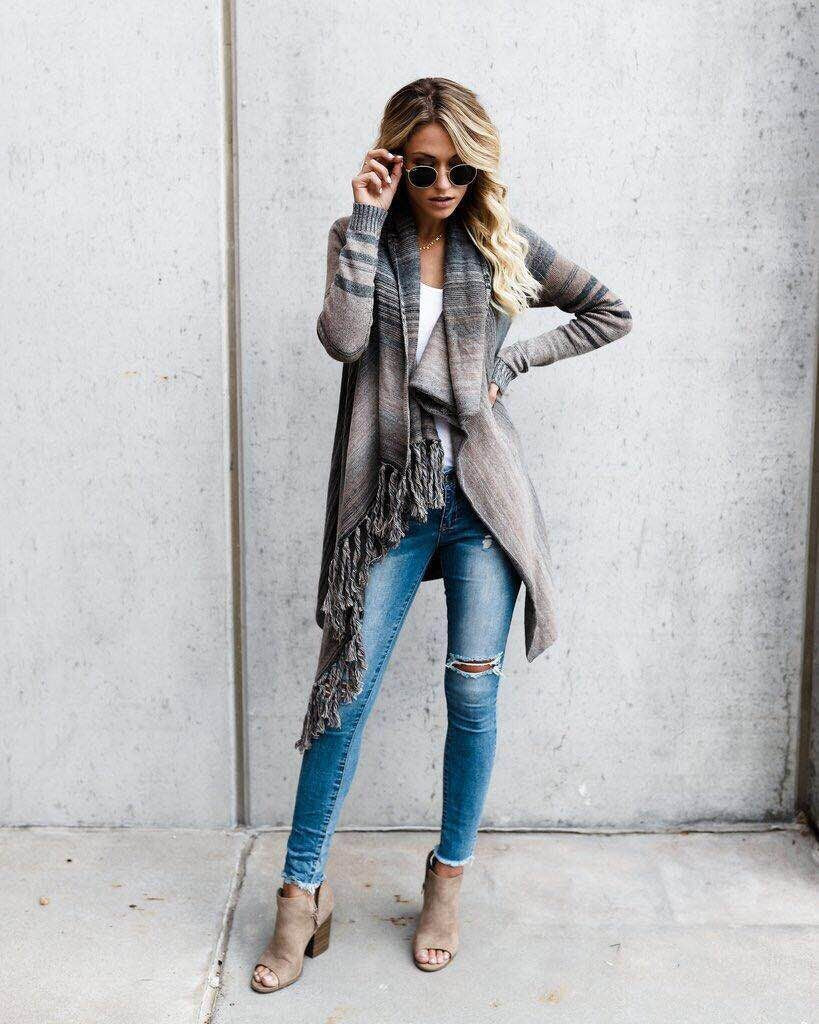 Jersey Mujer Tejido Medio con Flecos a Rayas Otoño Invierno