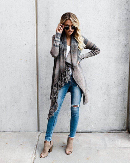Jersey Mujer Tejido Medio con Flecos a Rayas Otoño Invierno