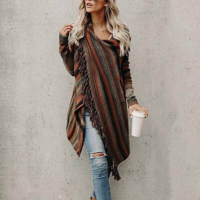 Jersey Mujer Tejido Medio con Flecos a Rayas Otoño Invierno