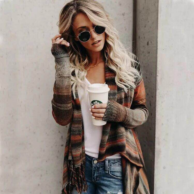 Jersey Mujer Tejido Medio con Flecos a Rayas Otoño Invierno - Mavetta