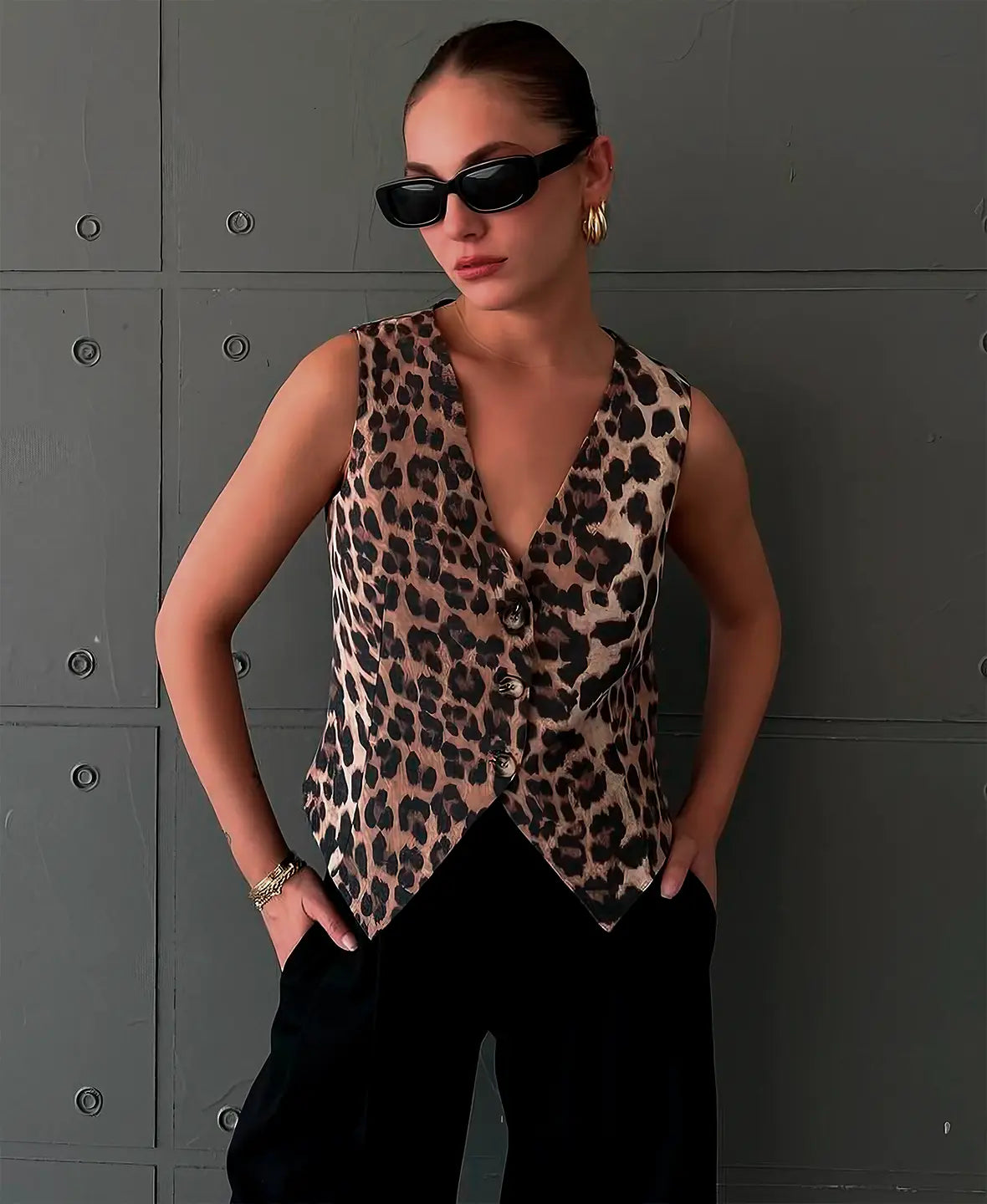 Chaleco Mujer con Escote en V Estampado Animal Ajustado