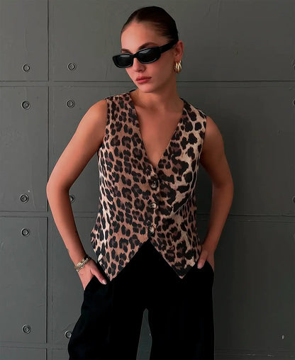 Chaleco Mujer con Escote en V Estampado Animal Ajustado