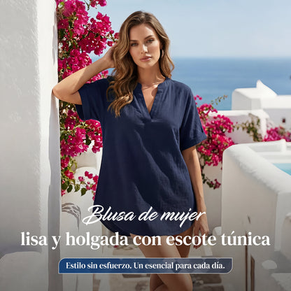 Blusa Mujer Lisa Algodón Manga Corta Corte Holgado