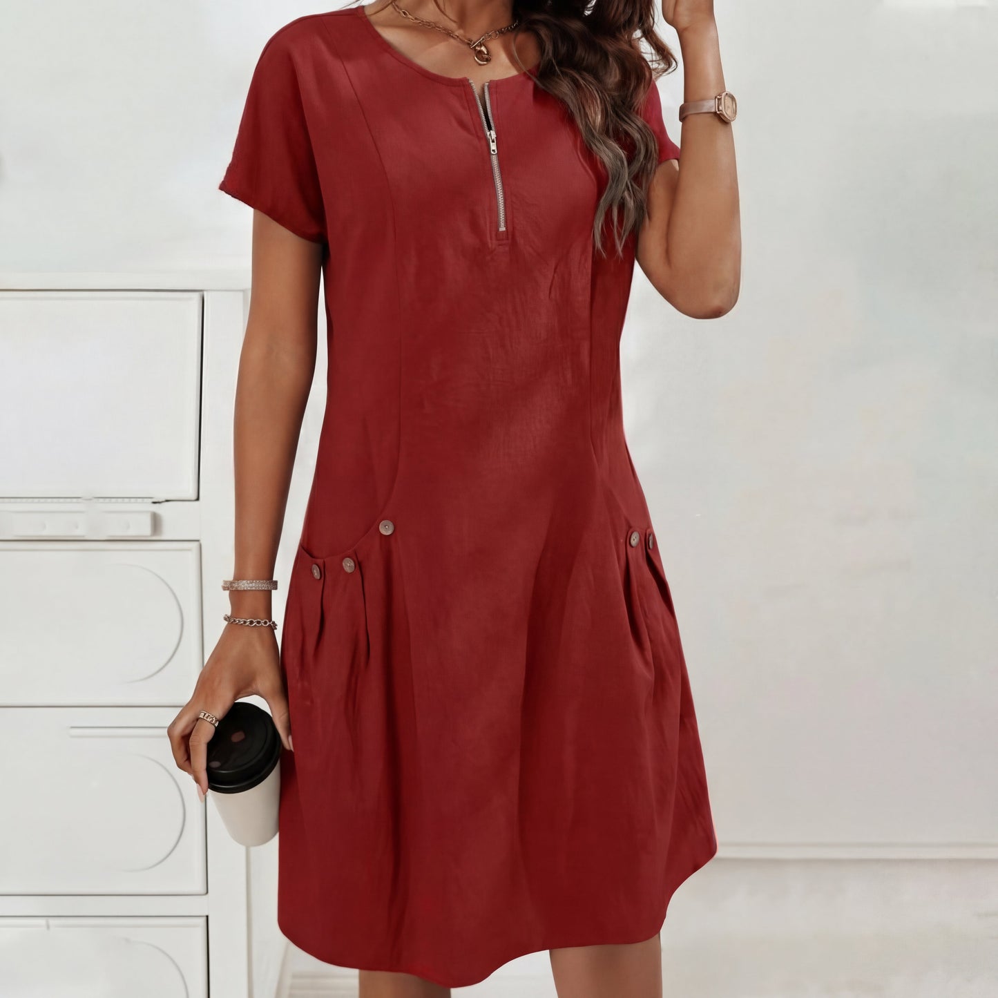 Vestido Mujer con Cremallera y Bolsillos con Botones