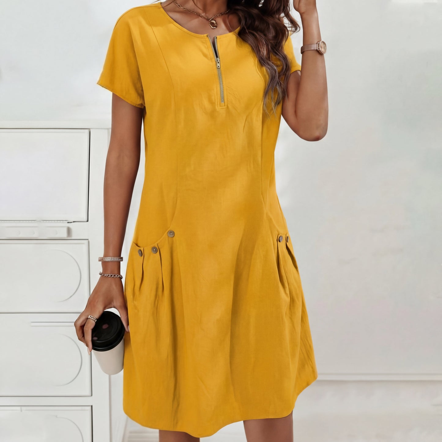 Vestido Mujer con Cremallera y Bolsillos con Botones