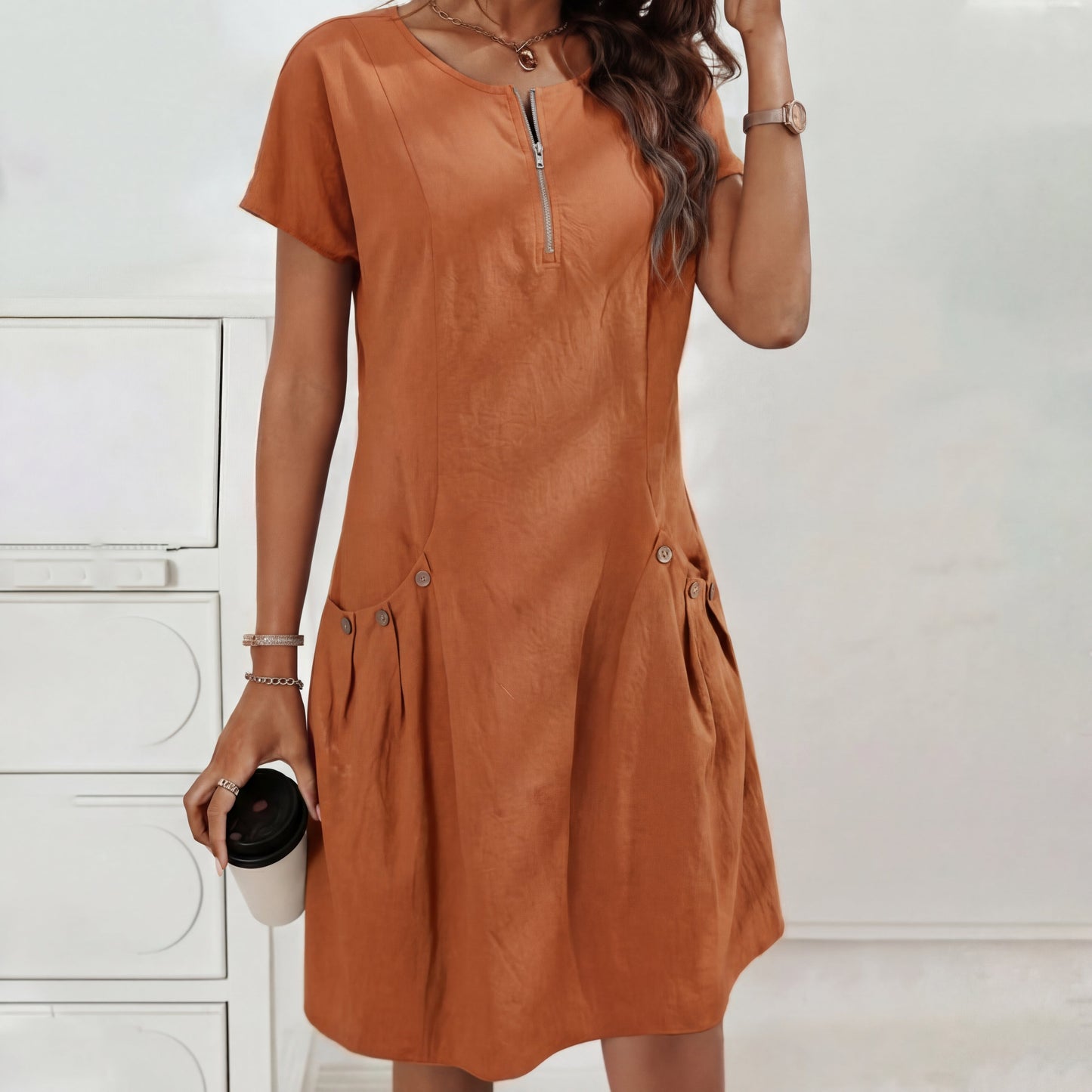 Vestido Mujer con Cremallera y Bolsillos con Botones