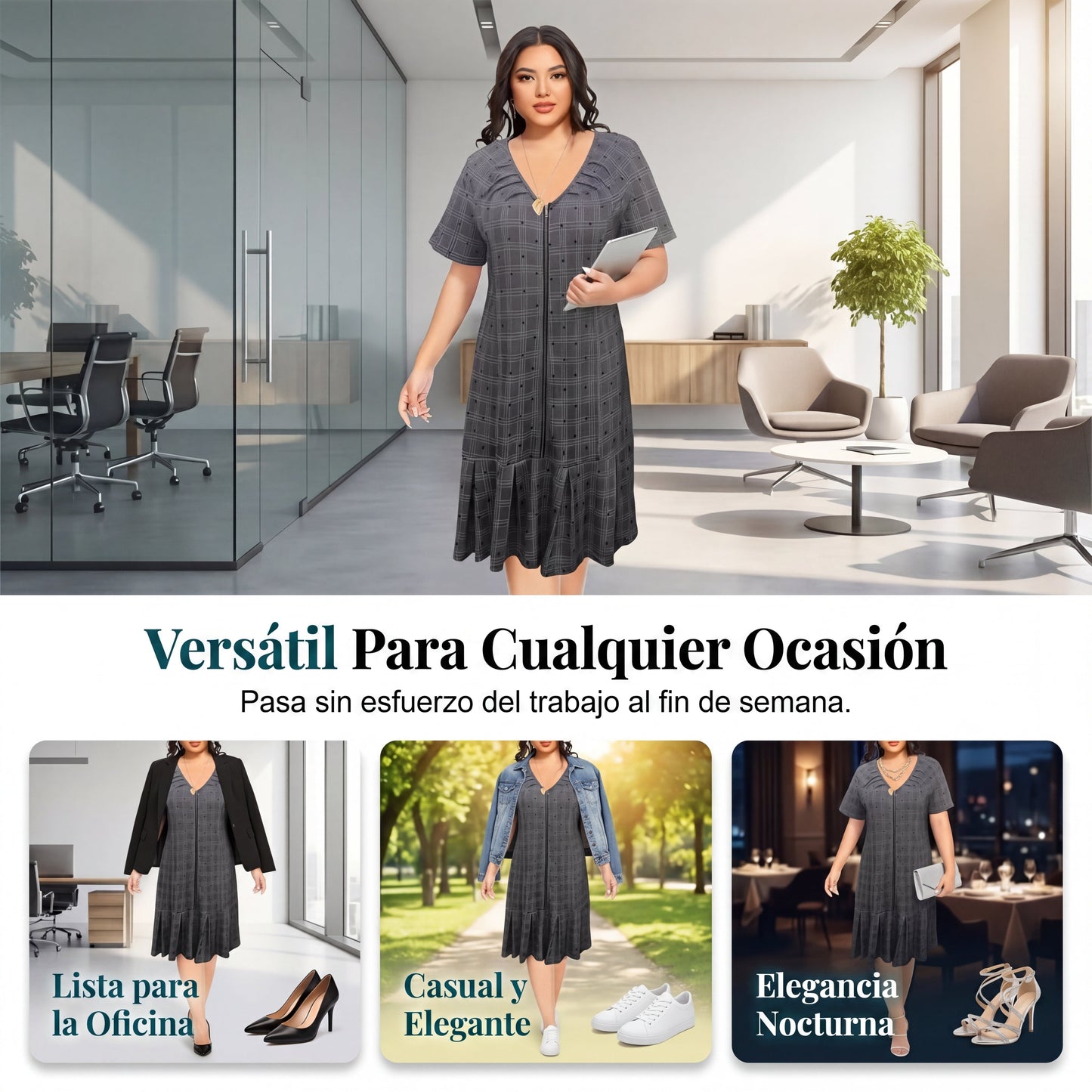 Vestido Mujer de Cuadros Cremallera Bajo Plisado