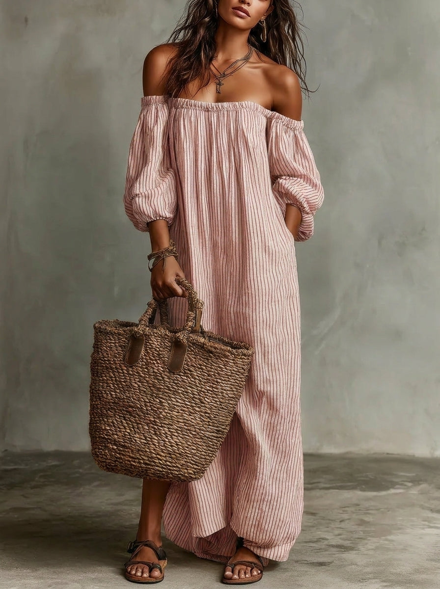 Vestido largo Mujer de Rayas con Hombros Descubiertos