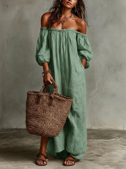 Vestido largo Mujer de Rayas con Hombros Descubiertos