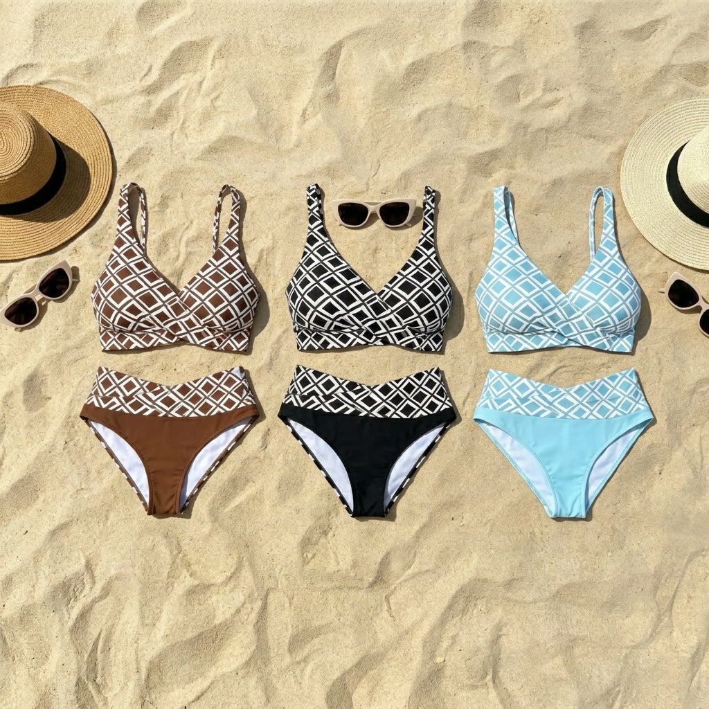 Bikini Mujer de Talle Alto Estampado Geométrico Retro