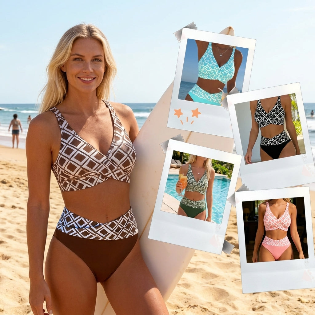 Bikini Mujer de Talle Alto Estampado Geométrico Retro