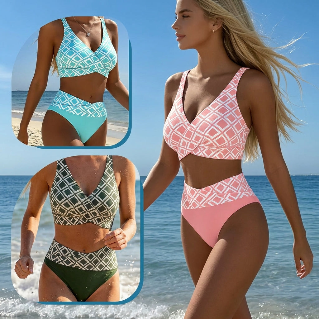 Bikini Mujer de Talle Alto Estampado Geométrico Retro