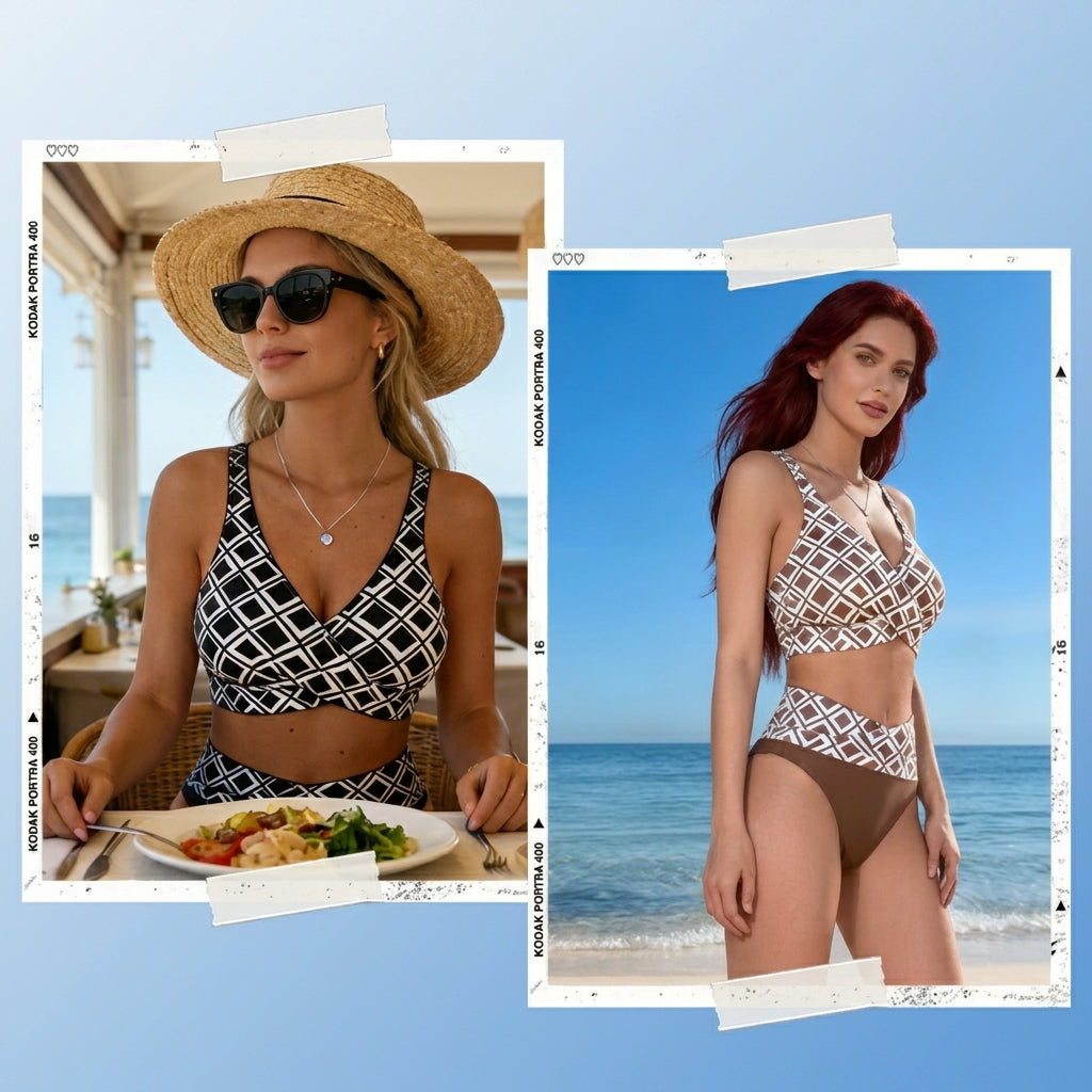 Bikini Mujer de Talle Alto Estampado Geométrico Retro