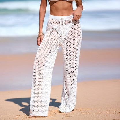 Pantalones Playa Mujer de Punto Calado Cintura Elástica Pernera Ancha