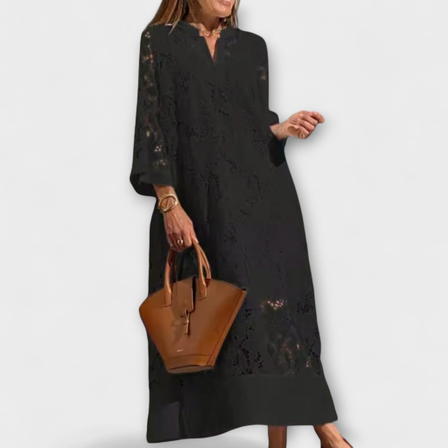 Vestido Largo Mujer de Encaje Floral Cuello en V Mangas Acampanadas