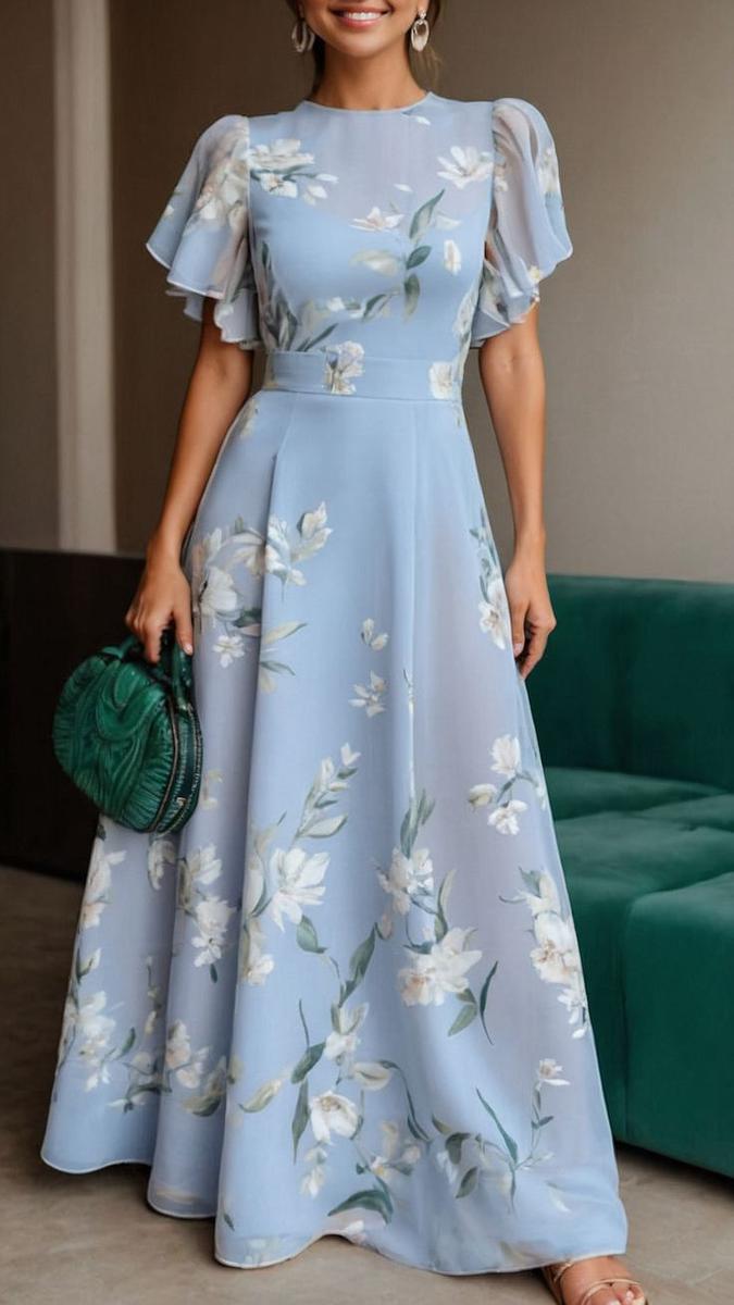 Vestido maxi mujer floral con mangas cortas y línea A - Mavetta
