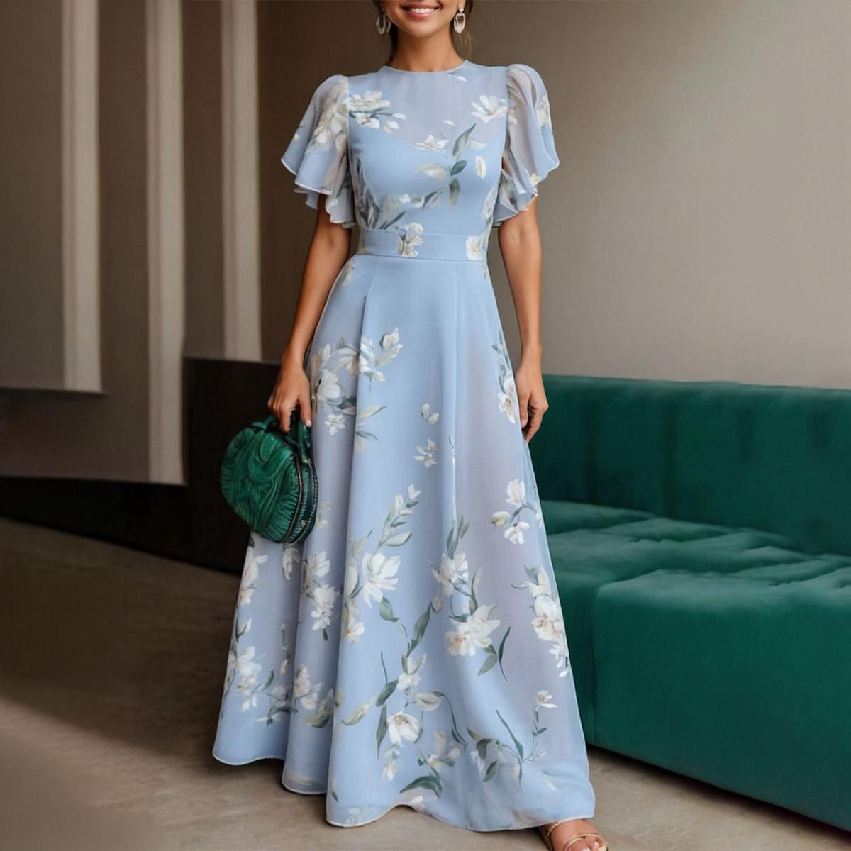 Vestido Largo Mujer Fiesta Flores Mangas Volantes