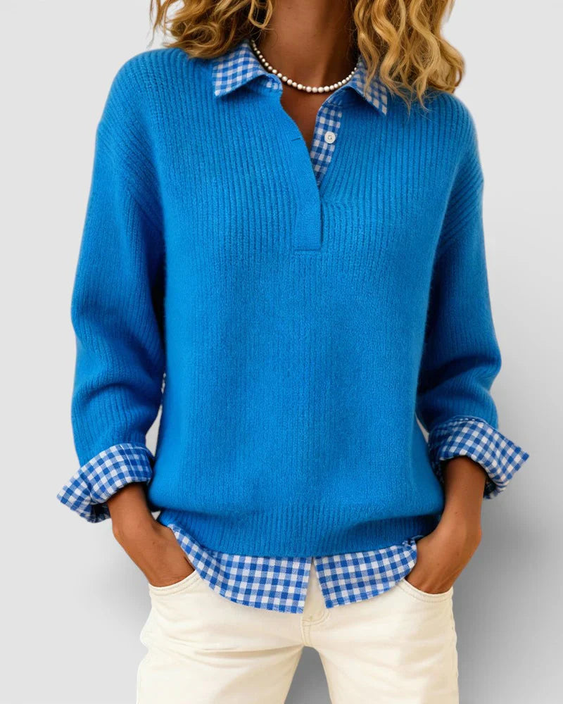Jersey Mujer de Punto con Detalle de Camisa Cuadros
