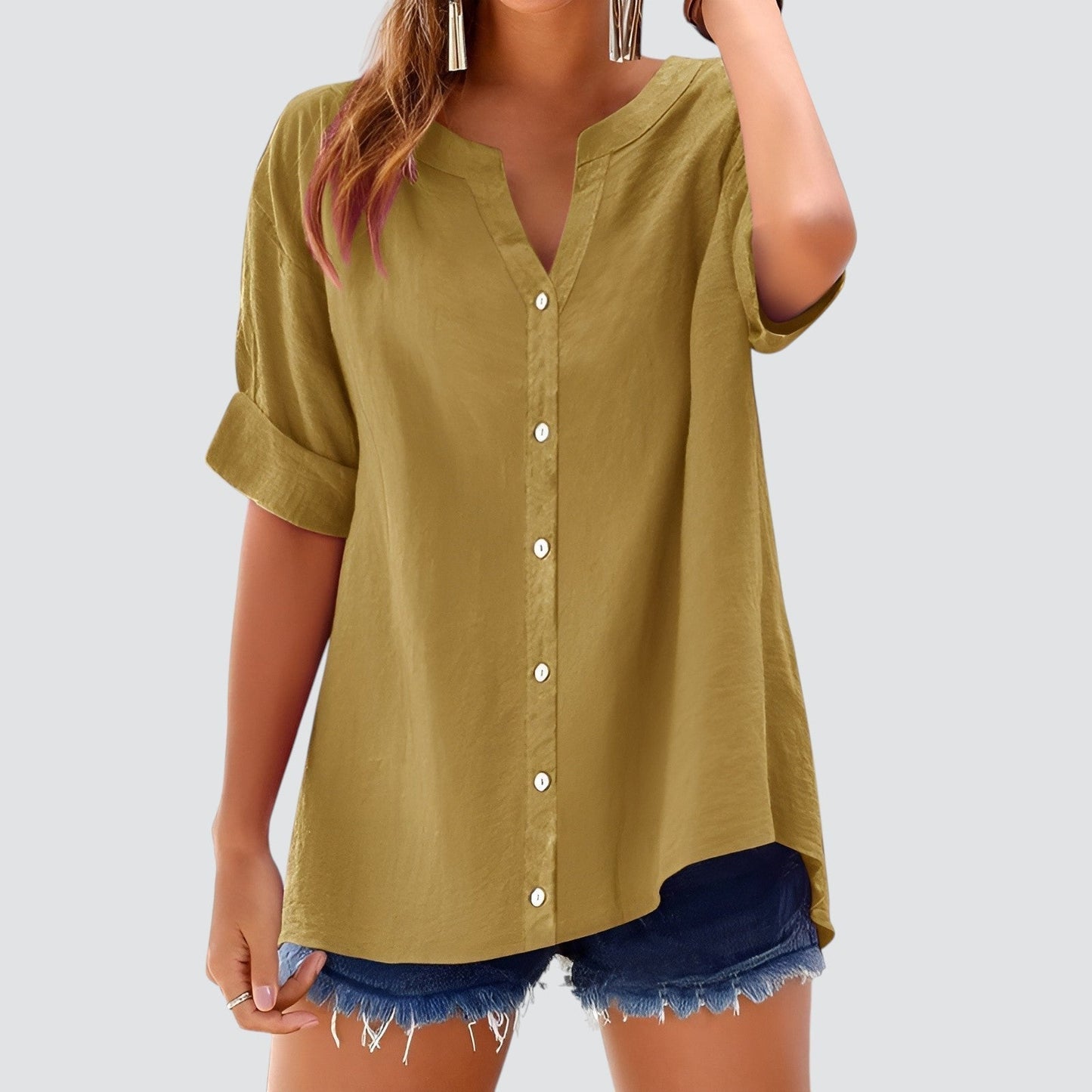 Blusa mujer con escote en V y botones frontales