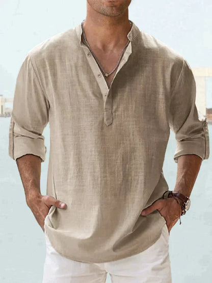 Camisa Hombre Manga Larga Cuello Mao Corte Suelto
