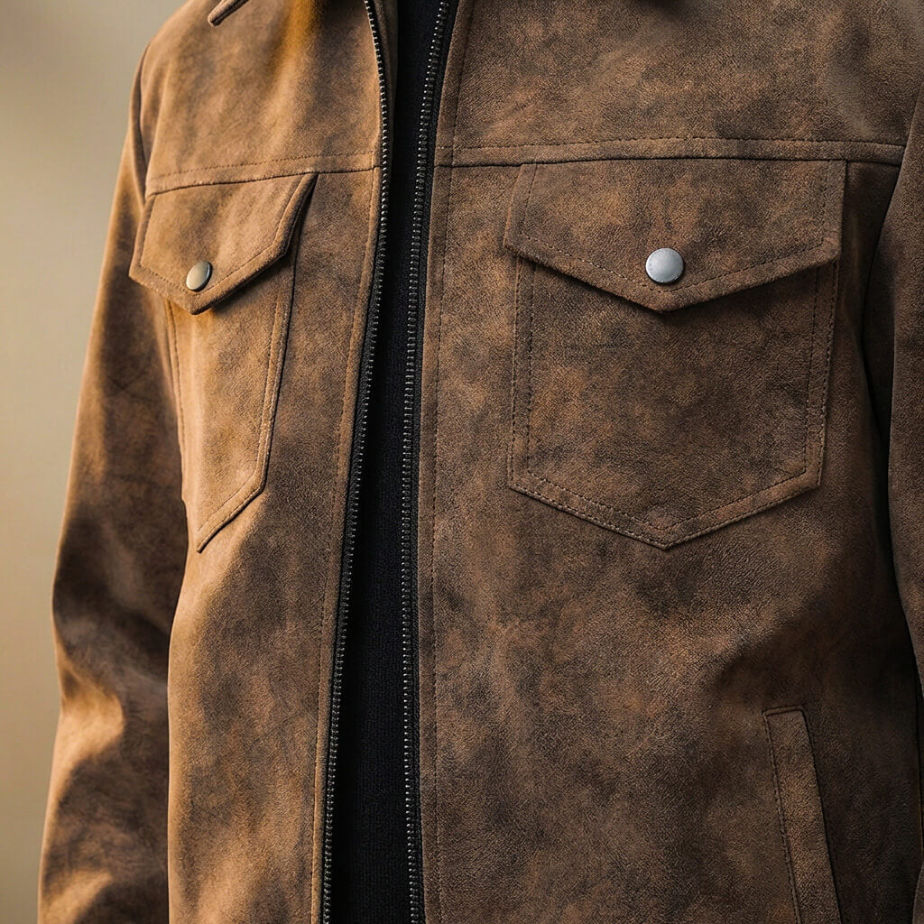 Chaqueta Hombre de Cuero Silueta Retro Varios Bolsillos