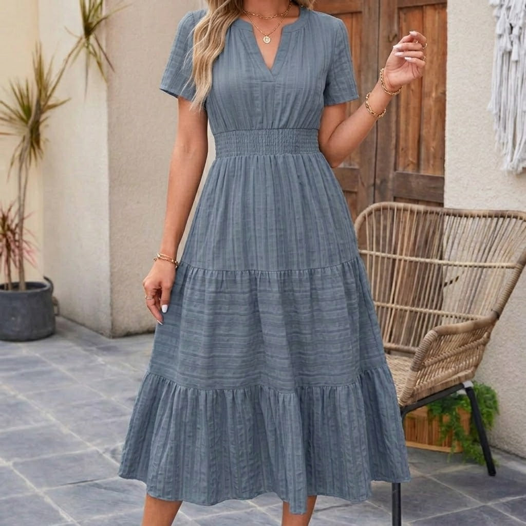 Vestido largo Mujer de lino Manga corta cuello en V