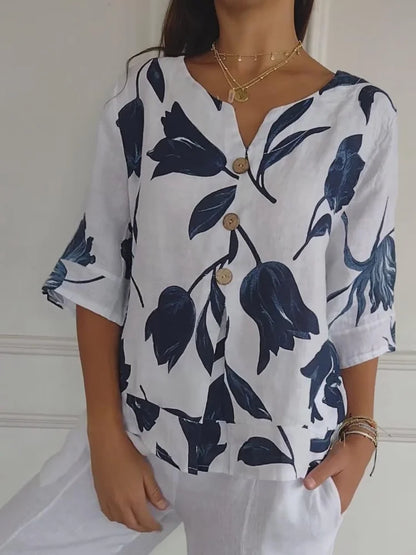 Blusa Mujer Estampado Floral Botones Manga Larga