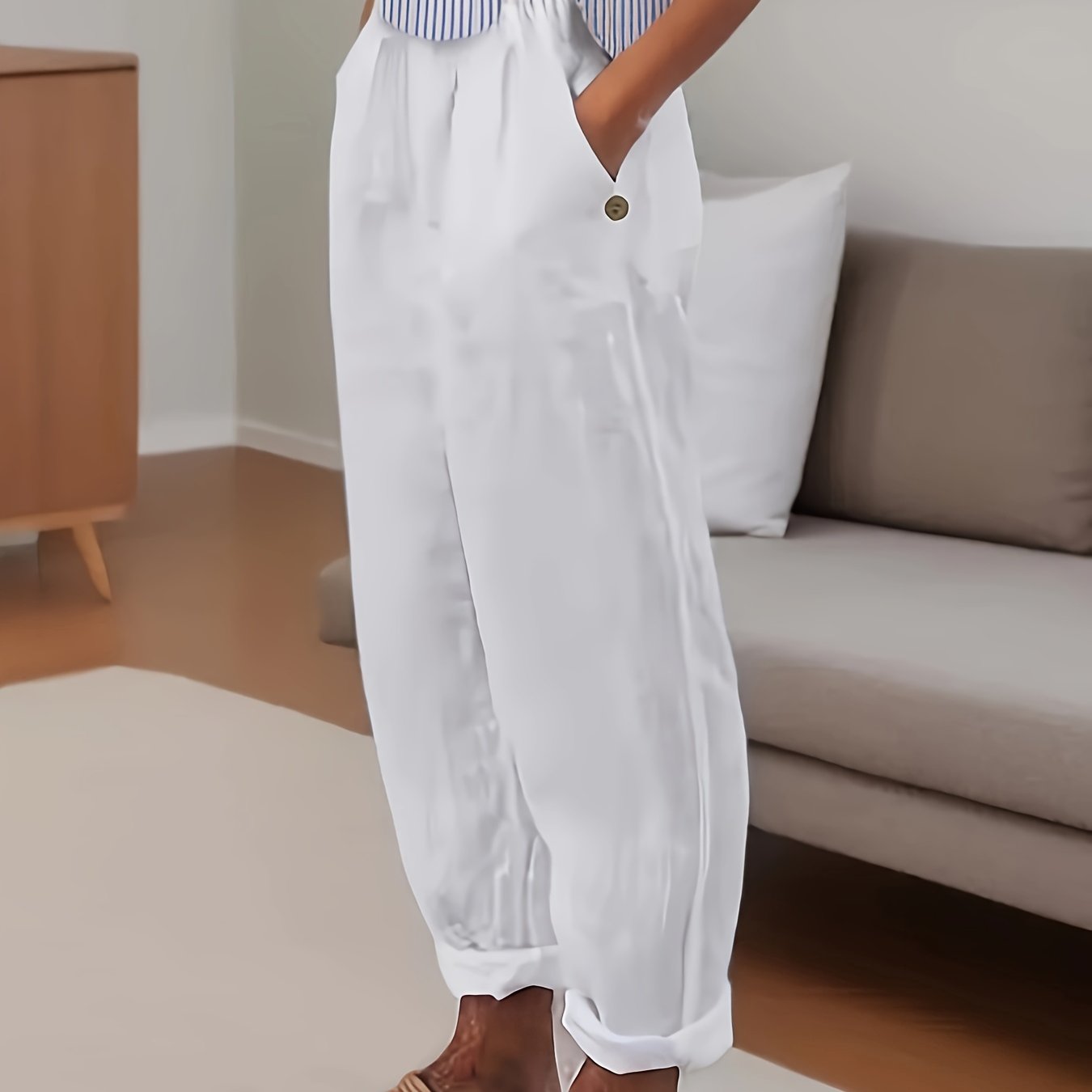 Pantalón Mujer de Lino Talle Alto Corte Relajado