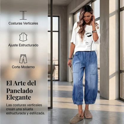 Pantalones Vaqueros Mujer Cintura Elástica Corte Cropped Holgado