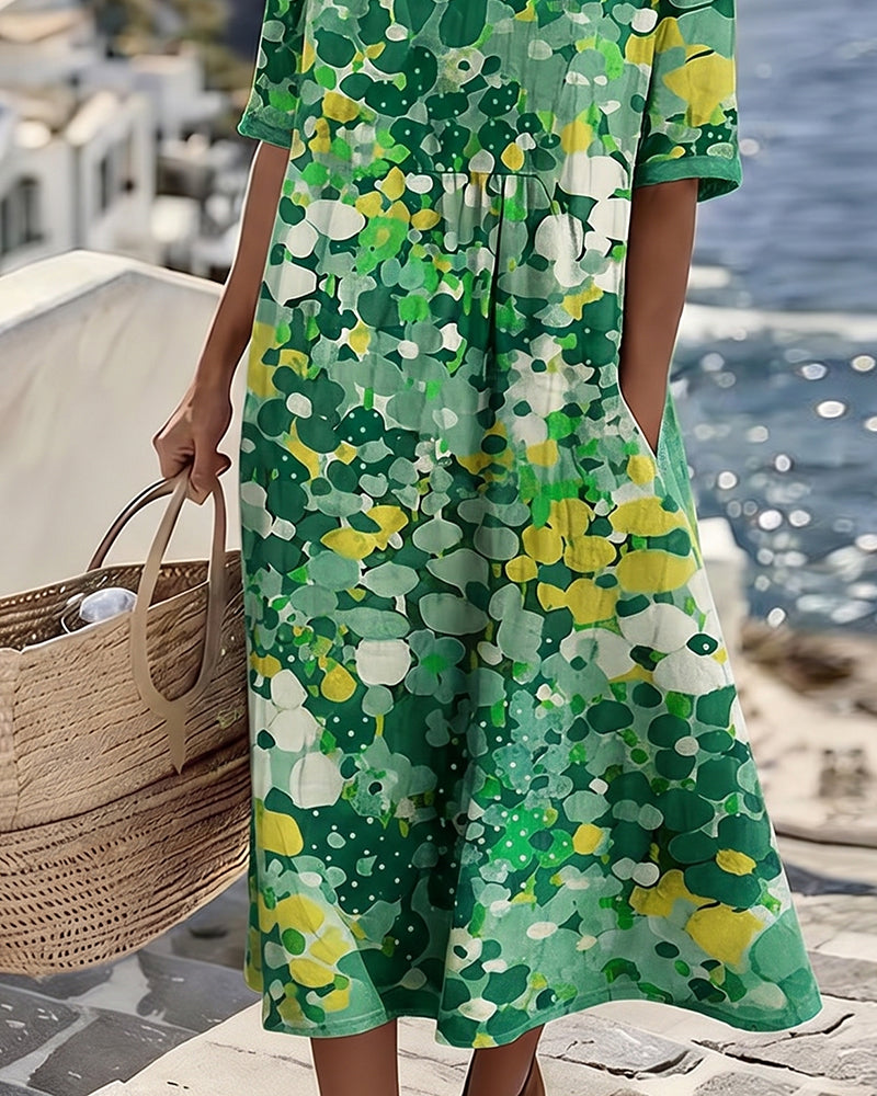 Vestido midi mujer algodón lino estampado bolsillos verano