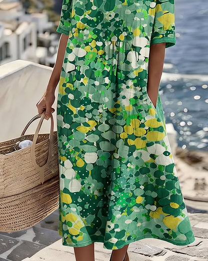 Vestido midi mujer algodón lino estampado bolsillos verano
