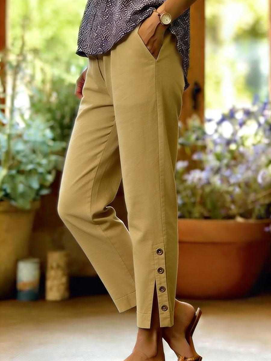 Pantalones Mujer Algodón Lino Corte Suelto Botones Laterales