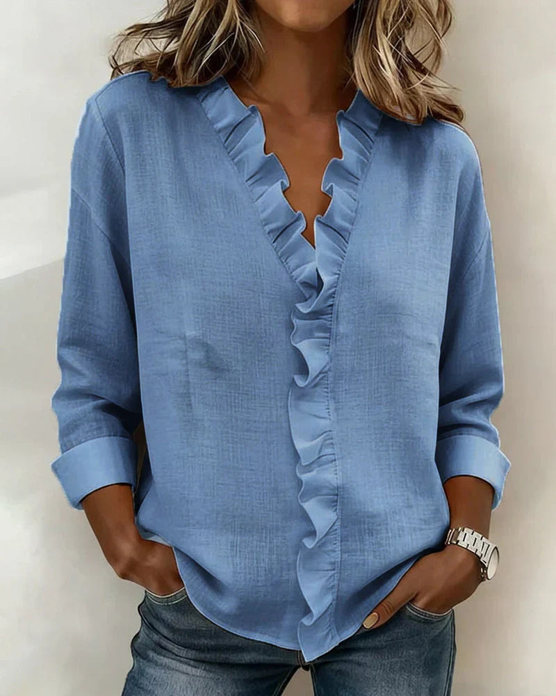 Blusa Mujer de Gasa Cuello en V Volantes Corte Fluido